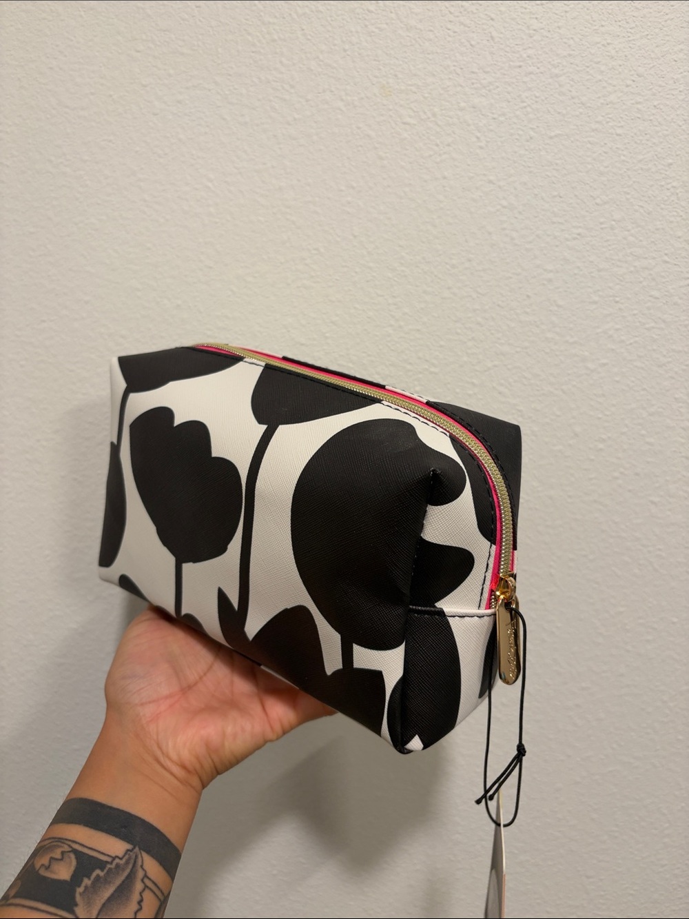 Black & White Floral Cosmetic Pouch with Pink Zip